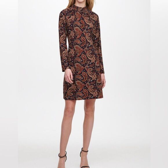 Tommy Hilfiger Classy Smocked Neck Paisley Long Sleeve Sheath Dress Sz 12 - Picture 1 of 7
